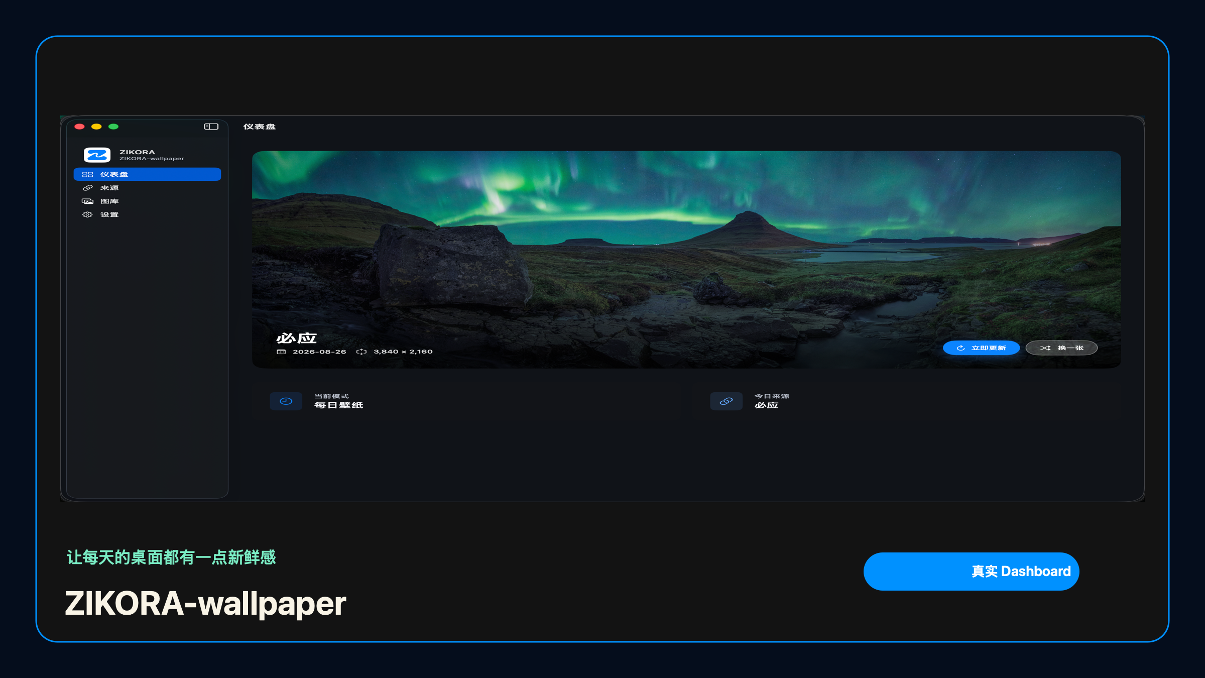 ZIKORA Dashboard 产品界面，展示当前极光壁纸与更新操作